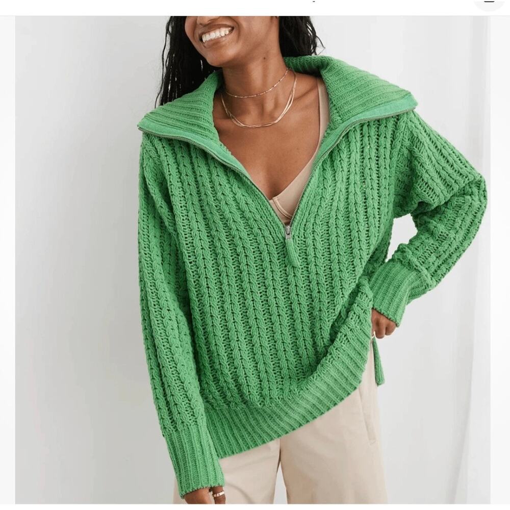 Aerie chunky cable knit quarter zip sweater green‎ soft oversized fit size xs